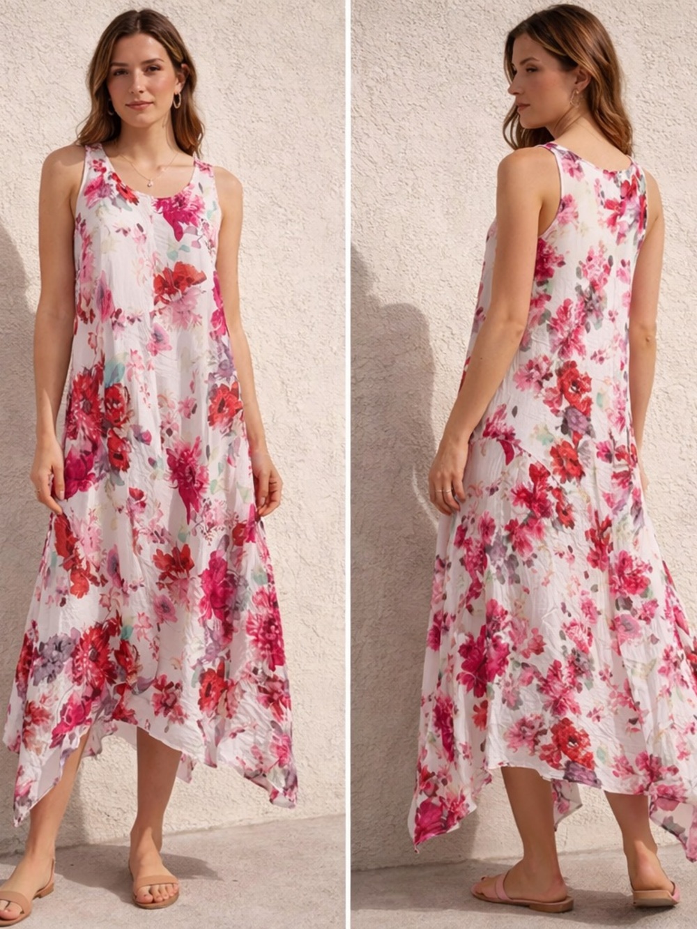 Grace Elements Floral Midi Dress Sleeveless Handkerchief Hem Boho Cottagecore